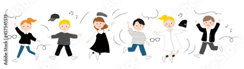 かわいい　ほっこり　イラスト素材　こども　子供　イラスト　秋冬　秋　冬　春　男の子　女の子　服　ファッション　友達　仲間　動き　走る　走り出す　元気　おしゃれ　ダンス　明るい　リズム　歌　ジャンプ　シンプル　おしゃれ　キッズ　カジュアル　白背景　6人　６人　グループ　全身　楽しい　ハッピー
