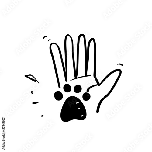hand drawn doodle human hand and animal paw illustration vector isolated