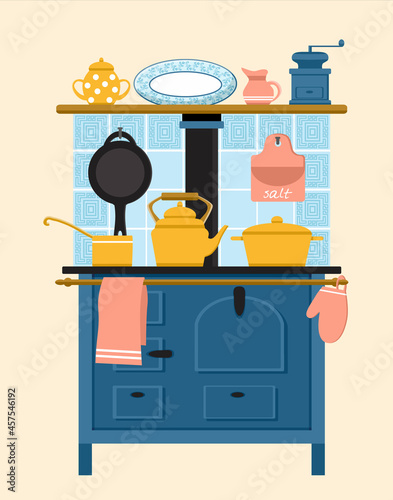 Old kitchen wood-burning stove with a kettle and pots. On the shelf above the oven is sugar bowl, milk jug, coffee grinder and plate. Salt shaker and frying pan hang on the wall. Vector illustration