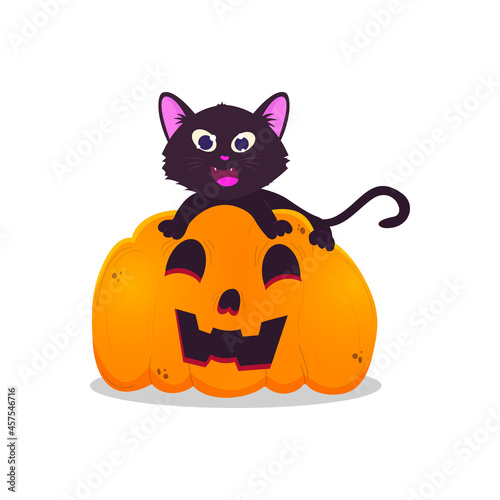 Happy Kitten, on Halloween Pumpkin. Happy Halloween in Cute and Flat Style