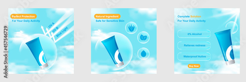 Minimal beauty cosmetic social media square post banner in blue color. For product knowledge, display, price catalog advice template with sky cloud, soap bubble sphere and shining arrow