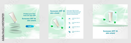 Minimal modern beauty fashion cosmetic social media square post banner in green color. For product knowledge, display, price catalog advice template with sky cloud, soap bubble sphere
