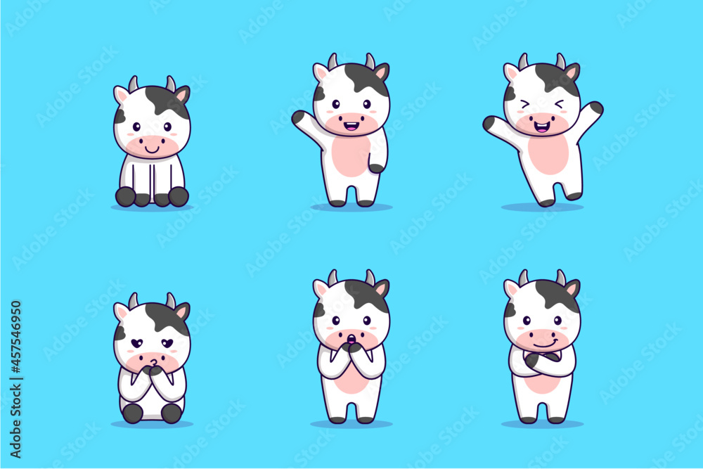 Cute cow illustration set with various activities and expressions