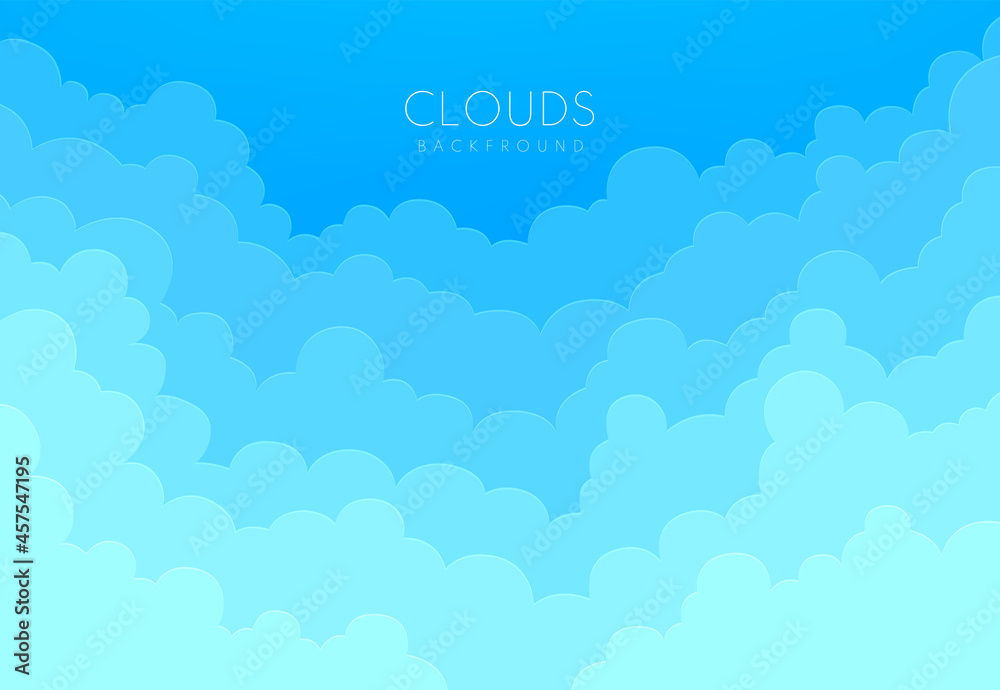Abstract paper cut layered clouds and pastel blue sky background. Origami style. Simple flat curve pattern. Can use for cover, poster, banner web, flyer, Landing page, Print ad. Vector illustration.