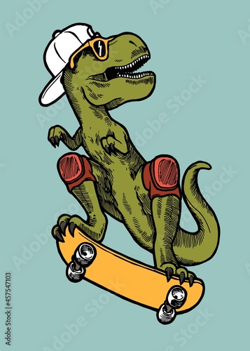 T-rex dino skateboarding in summer hat and sunglasses. Isolated dinosaur sports vector illustration.