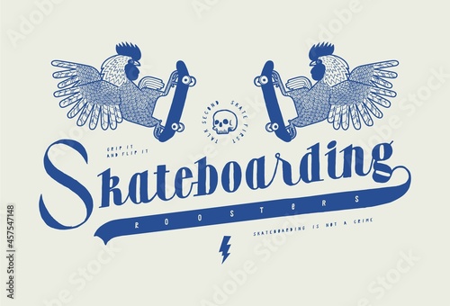 Skateboarding roosters vintage typography t-shirt print.