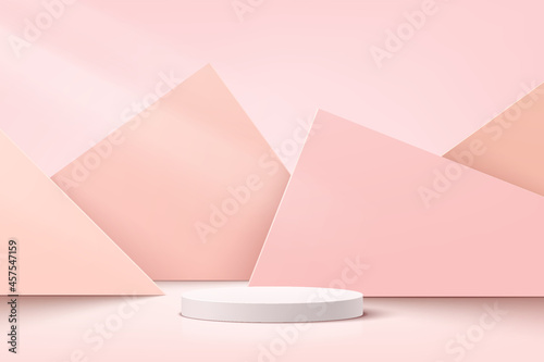 White, pink geometric pedestal podium with triangle shape layers backdrop. Vector abstract studio room with 3D platform. Modern minimal wall scene for cosmetic products. Showcase, Promotion display.