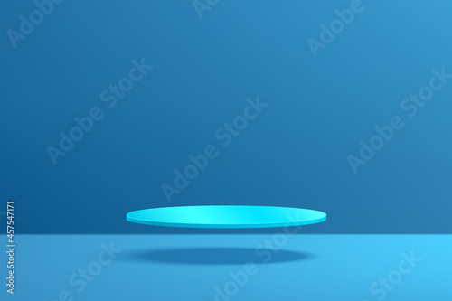 Pastel blue geometric pedestal podium floating on air in empty dark blue room. Vector abstract studio room with 3D platform. Modern minimal scene for cosmetic products. Showcase, Promotion display.