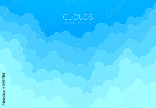 Abstract paper cut layered clouds and pastel blue sky background. Origami style. Simple flat curve pattern. Can use for cover, poster, banner web, flyer, Landing page, Print ad. Vector illustration.