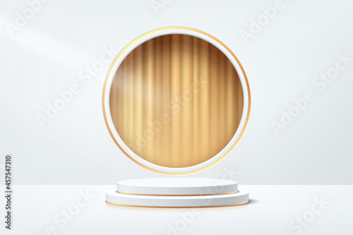 White, Gray and Gold geometric pedestal podium with golden curtain in circle window. Vector abstract studio room with 3D platform design. Luxury minimal scene for products showcase, Promotion display.