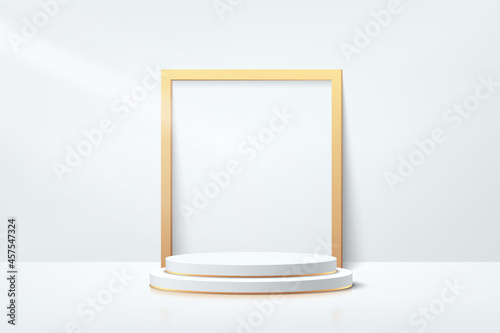 White, Gray and gold geometric pedestal podium with golden square frame. Vector abstract studio room with 3D platform. Luxury minimal wall scene for cosmetic products. Showcase, Promotion display.