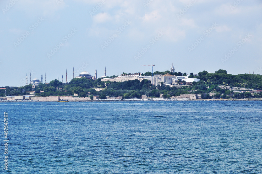 Panoramic view of Istanbul from the Bosphorus. View of the beautiful mosques on the shore.
