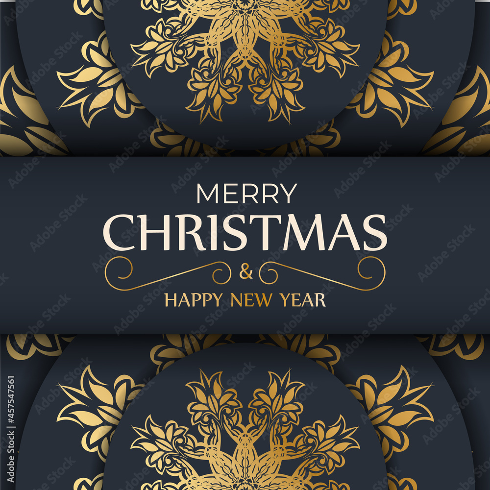 Brochure Merry christmas dark blue with vintage gold ornament
