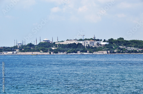 Panoramic view of Istanbul from the Bosphorus. View of the beautiful mosques on the shore.