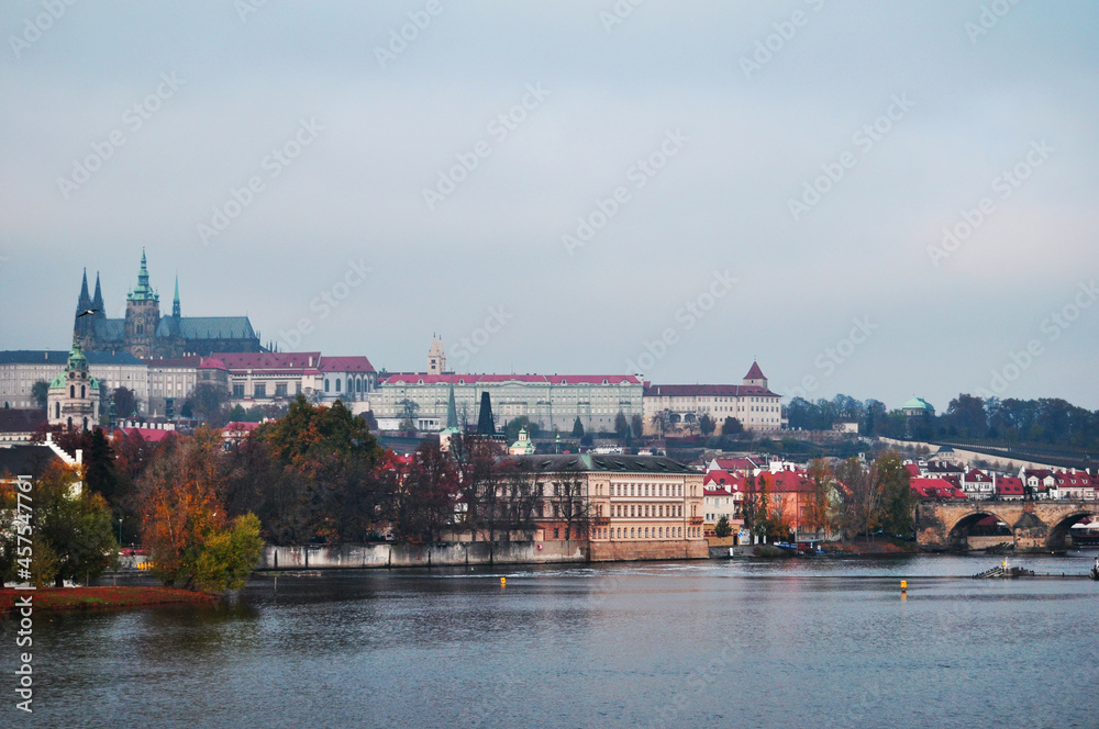 Landscape cityscape classic antique building and Prague castle with Charles Bridge crossing Vltava river for Czechia people and foreign travelers travel visit at Praha city in Prague, Czech Republic