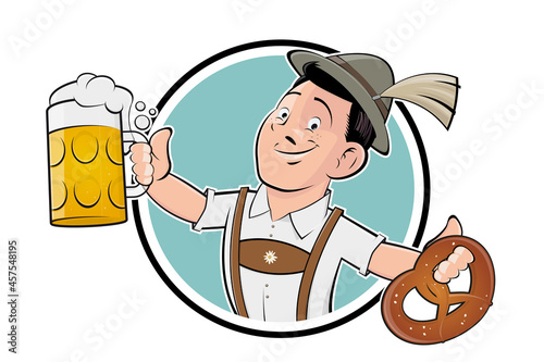 funny bavarian man with beer and pretzel photo