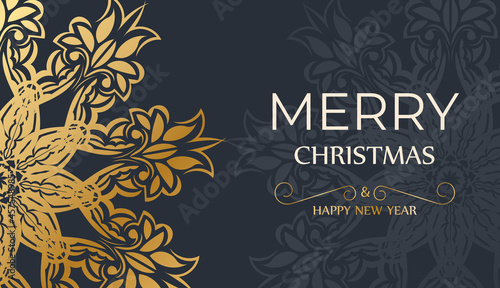 Dark blue happy new year brochure with abstract gold pattern