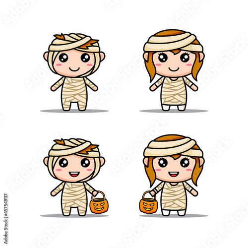 cute couple in mummy halloween mascot character set. funny children mummy halloween costumes illustration. mummy cartoon character for print banner, poster, decoration halloween festival
