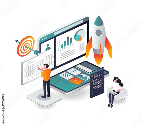 Launching new apps with rocket in isometric illustration