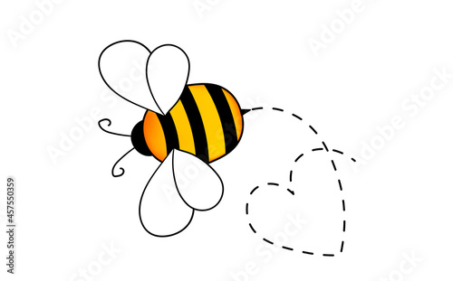 Cartoon bee mascot. A small bees flying on a dotted route. Wasp collection. Vector characters. Incest icon. Template design for invitation, cards. Doodle style