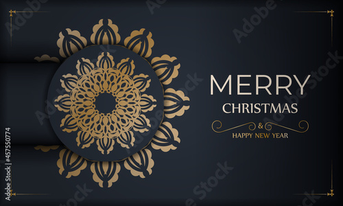 Dark blue happy new year flyer with abstract gold pattern