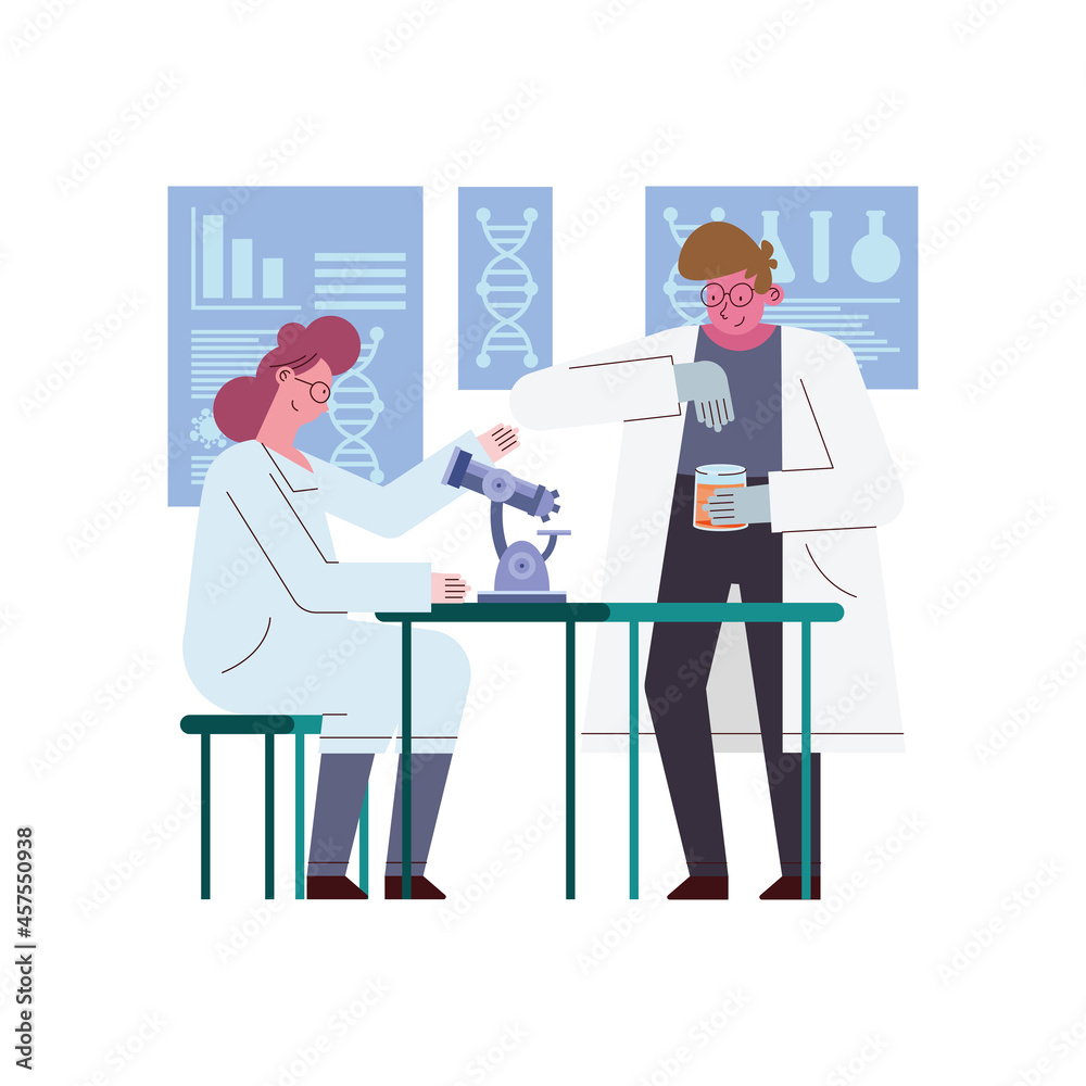 woman and man scientist with microscope woman and man scientist with microscope