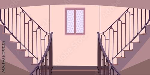 vector illustration of a hall with a picture of a flight of stairs in the room and a window for the decoration of illustrations depicting the interior and as a background