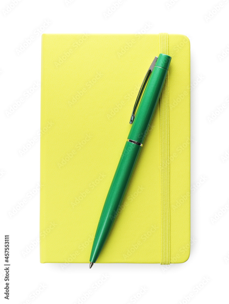 New stylish planner with hard cover and pen isolated on white, top view New stylish planner with hard cover and pen isolated on white, top view