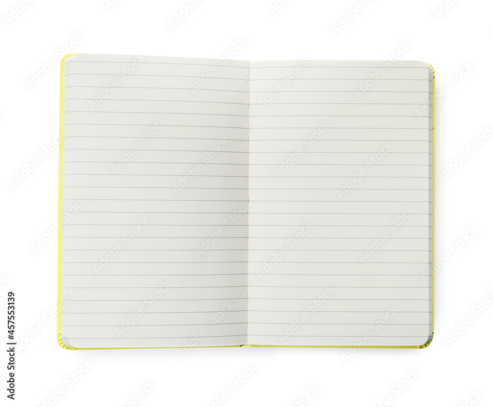 Stylish open notebook with blank sheets isolated on white, top view Stylish open notebook with blank sheets isolated on white, top view