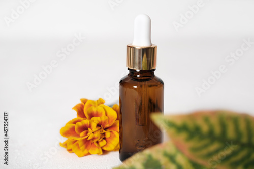 face care oil or serum in unbranded glass bottle with dropper. autumn decor, fall sale, anti age and cold protection cosmetic for cool season. close up