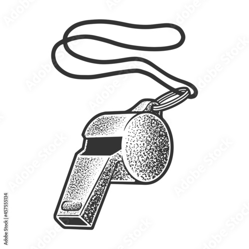 coach referee sport pea whistle sketch engraving vector illustration. T-shirt apparel print design. Scratch board imitation. Black and white hand drawn image.