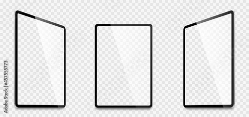 Realistic tablet computer mockup set. Tablet PC realistic mockup front view with shadow. Electronic gadget - stock vector.