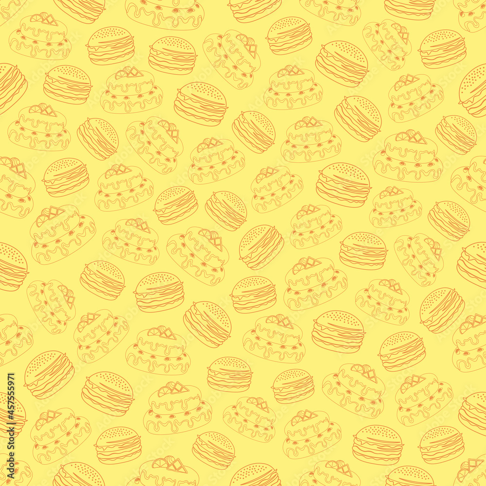 Cake and burger seamless pattern vector illustration on colored background Cake and burger seamless pattern vector illustration on colored background