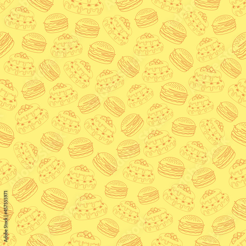 Cake and burger seamless pattern vector illustration on colored background