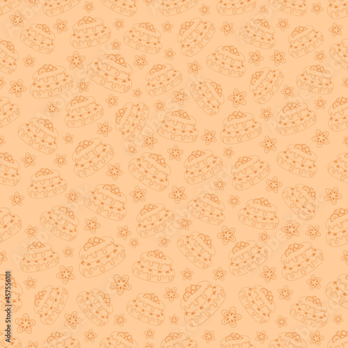 Cake and flowers seamless pattern on colored background, vector illustration