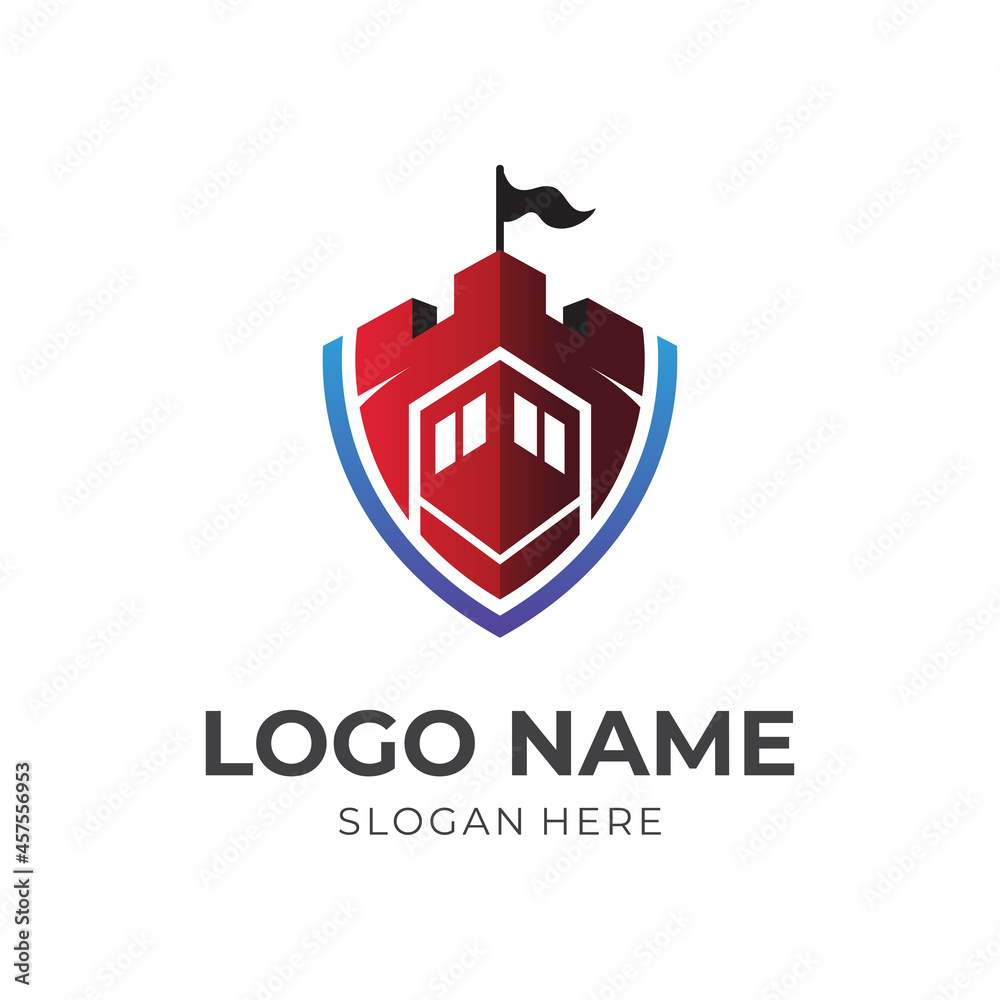 castle logo design with 3d red and blue color style