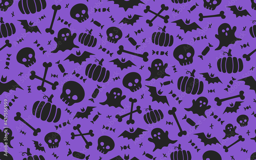 seamless halloween pattern with scull bat ghost pumpkin bone candies purple and black
