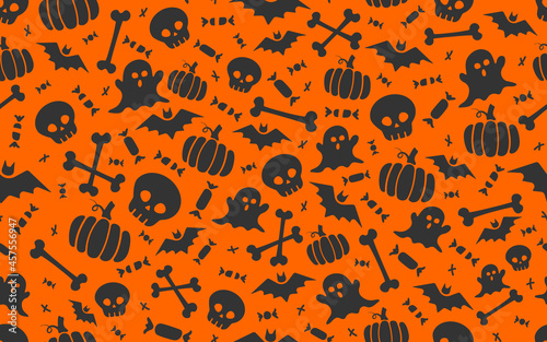 seamless halloween pattern with scull bat ghost pumpkin bone candies orange and black
