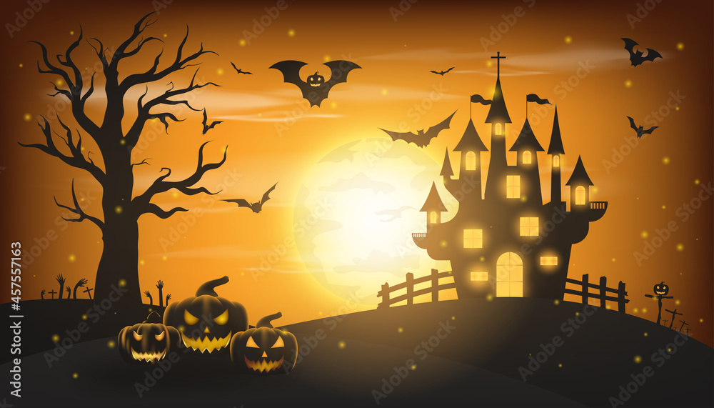 Happy Halloween background with pumpkin ghost, Haunted house with full moon and The witch was casting magic spells and made poison. Template for Halloween party. Vector illustration