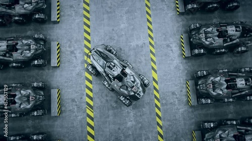 Futuristic military tanks in military base. Realistic 4k animation.