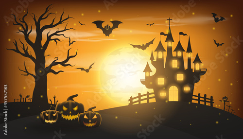 Happy Halloween background with pumpkin ghost, Haunted house with full moon and The witch was casting magic spells and made poison. Template for Halloween party. Vector illustration