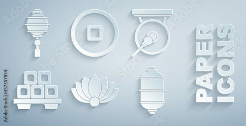 Set Lotus flower, Gong, Sushi cutting board, Chinese paper lantern, Yuan currency and icon. Vector