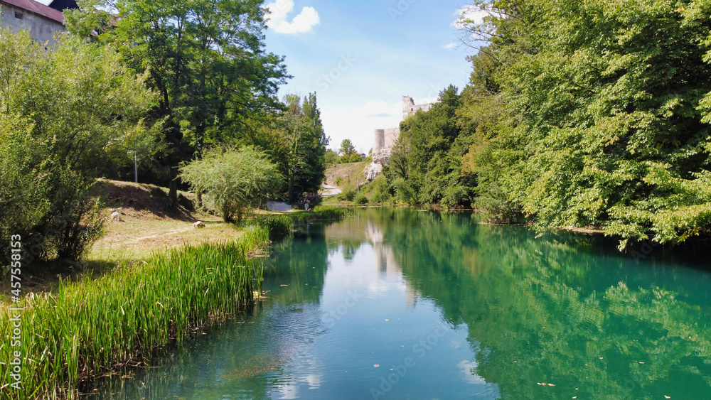 View of the Slunjčica river and Stari grad (castle) Slunj. Beautiful water color. Croatia. Europe View of the Slunjčica river and Stari grad (castle) Slunj. Beautiful water color. Croatia. Europe