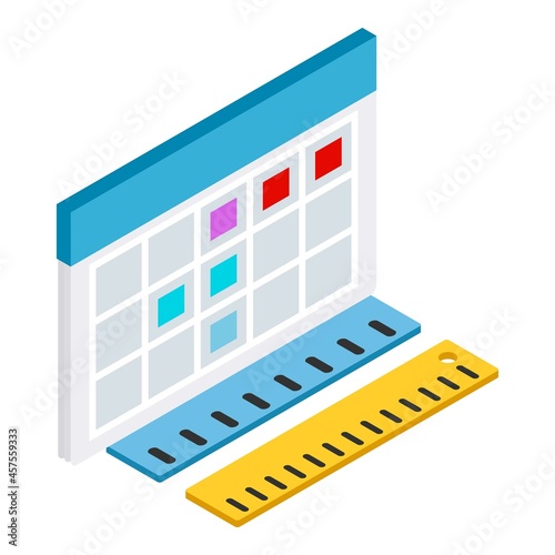 Office equipment icon isometric vector. Desk calendar and two ruler icon. Stationery, measurement tool