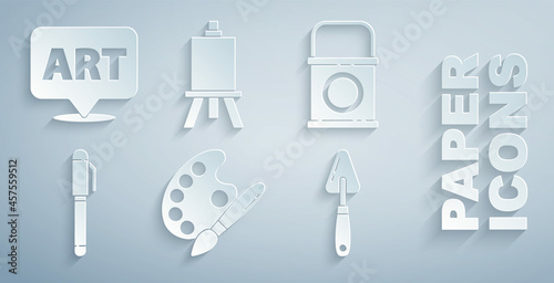 Set Paint brush with palette, bucket, Pen, Palette knife, Easel or painting art boards and Speech bubble text icon. Vector