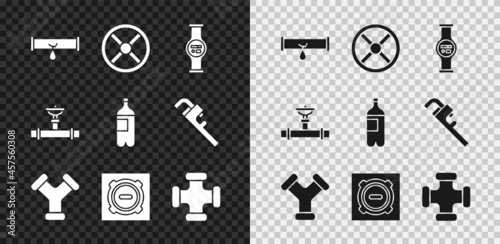 Set Broken pipe with leaking water, Industry valve, Water meter, metallic, Manhole sewer cover, and and Bottle of icon. Vector