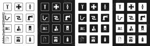Set Water meter, Industry metallic pipe, Wrench spanner, Gas boiler with burning fire and Electric water pump icon. Vector