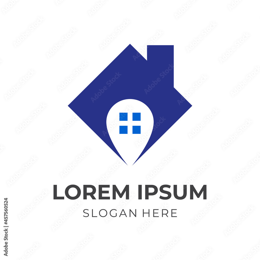 house point logo design, house and pin, combination logo with flat blue color style house point logo design, house and pin, combination logo with flat blue color style