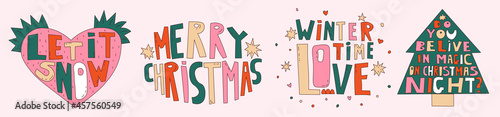 Christmas card vibrant set-lettering wishes words.Hand drawn letters congratulations.Merry Christmas,Let it snow,Wintertime love.Romantic 70s and 80s palette.Typography for social media stories
