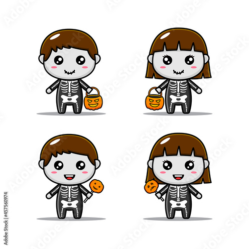 cute couple in skeleton halloween mascot character set. funny children skeleton halloween costumes illustration. pumpkin cartoon character for print banner, poster and card halloween festival